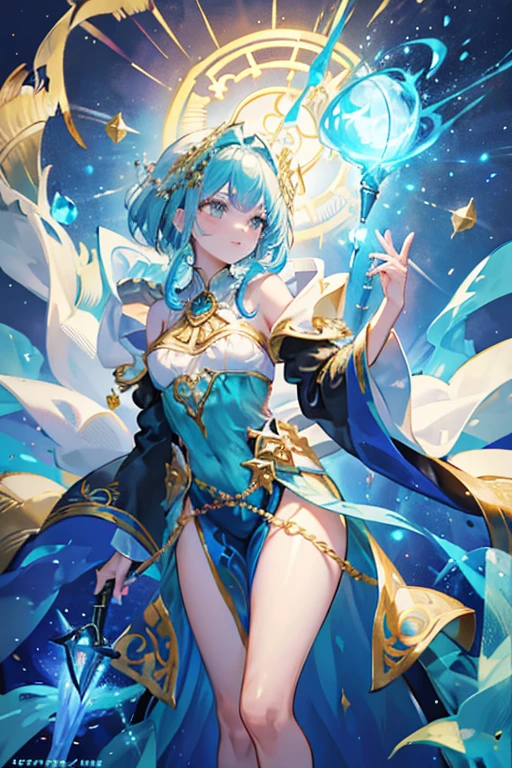 Hooded Cloak: The costume features a hood, adding an air of mystery and elegance. The hood is intricately decorated with gold filigree. Intricate Embroidery: The robe is adorned with gold and turquoise embroidery that highlights the waist, shoulders, and chest areas. These designs give the costume a regal and magical appearance. Flowing Sleeves: The sleeves are wide and bell-shaped, contributing to the ethereal look. They are embellished with the same gold and turquoise patterns as the rest of the outfit. Jewels and Gems: The costume is accented with glowing blue gems that are strategically placed on the chest, waist, and along the sleeves, giving the appearance of magical enhancements. Light and Shimmer: The fabric of the robe appears to be lightweight and shimmery, suggesting a magical or otherworldly material. Accessorized with a Scepter: The character holds a scepter-like object that matches the design of the outfit, further emphasizing the magical theme, full body.