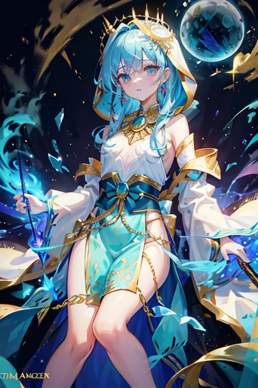 Hooded Cloak: The costume features a hood, adding an air of mystery and elegance. The hood is intricately decorated with gold filigree. Intricate Embroidery: The robe is adorned with gold and turquoise embroidery that highlights the waist, shoulders, and chest areas. These designs give the costume a regal and magical appearance. Flowing Sleeves: The sleeves are wide and bell-shaped, contributing to the ethereal look. They are embellished with the same gold and turquoise patterns as the rest of the outfit. Jewels and Gems: The costume is accented with glowing blue gems that are strategically placed on the chest, waist, and along the sleeves, giving the appearance of magical enhancements. Light and Shimmer: The fabric of the robe appears to be lightweight and shimmery, suggesting a magical or otherworldly material. Accessorized with a Scepter: The character holds a scepter-like object that matches the design of the outfit, further emphasizing the magical theme, full body.