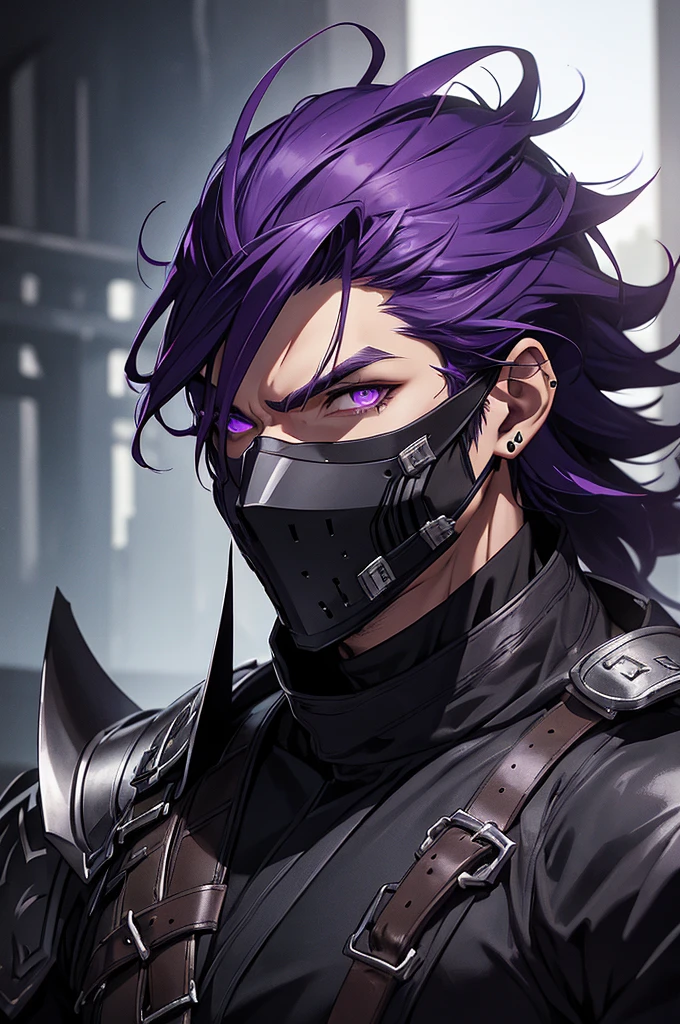 a man with medium purple hair, ninja style mask covering his entire face, detailed face, piercing purple eyes, sharp features, black clothing, dark leather armor, dark fantasy, moody lighting, dramatic shadows, cinematic composition, high quality, Intricate details, photorealistic