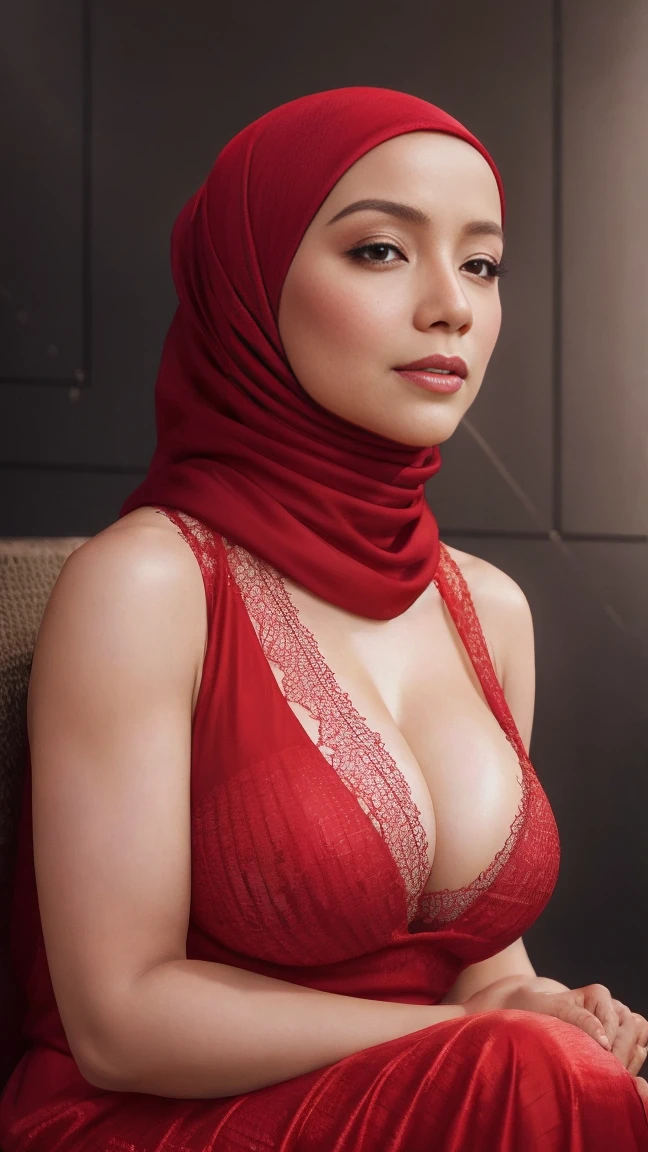 close-up portrait of a beautiful woman in hijab sitting on , wearing red net sexy dress, heavy big breast, showing large cleavage, reeds, (backlight), realistic, masterpiece, high quality, lens reflection, shadow, flower, [[chromatic aberration]], by Jeremy Lipking, by Antonio J. Manzanedo, digital painting,