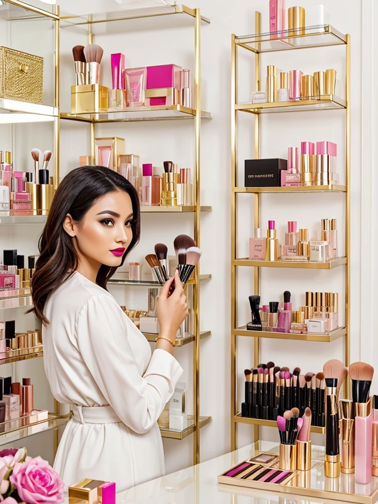 A woman young, around 30 years old, with a confident and creative appearance. She is in a modern, well-lit makeup studio, with elegant decor that mixes shades of white, gold and pastel pink. Behind her, there are shelves full of makeup products meticulously organized: colorful shadow palettes, brushes of various shapes and sizes, bases, lipsticks and other beauty items.