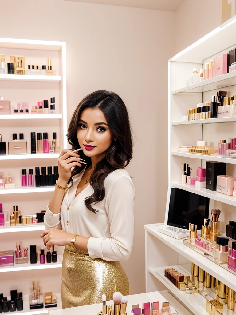  A woman young, around 30 years old, with a confident and creative appearance. She is in a modern, well-lit makeup studio, with elegant decor that mixes shades of white, gold and pastel pink. Behind her, there are shelves full of makeup products meticulously organized: colorful shadow palettes, brushes of various shapes and sizes, bases, lipsticks and other beauty items.