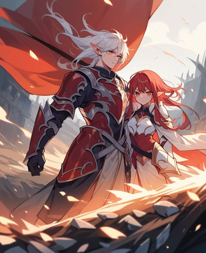 (Male,pierced pointy ears,light skin,red eyes, white long hair half up half down,Blue and white armour) and (Female,pointed ears,light skin,red hair,orange eyes,black and red armour) standing next to each other on a battlefield