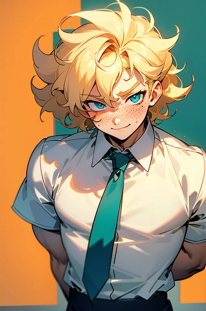 1 male, tall, blonde spiky curly hair, cyan eyes, freckles, normal amount of muscles, cute smile, blush, classroom background, white shirt, manly face