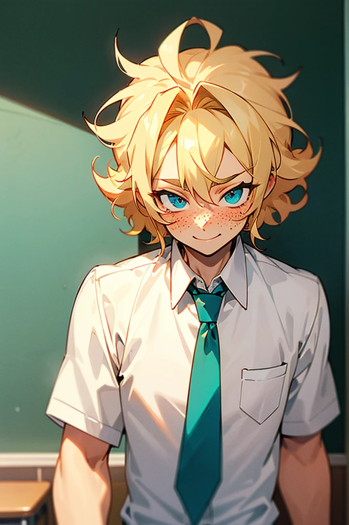 1 male, tall, blonde spiky curly hair, cyan eyes, freckles, normal amount of muscles, cute smile, blush, classroom background, white shirt, manly face