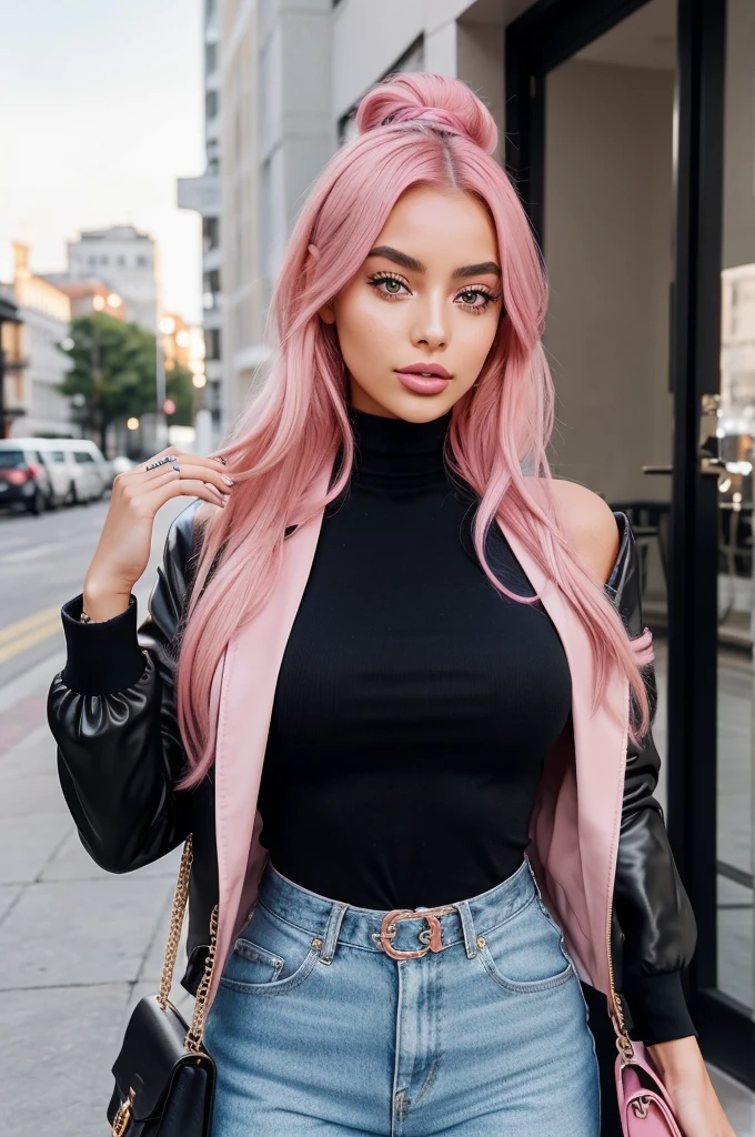 Meet Luna Rose, a digital influencer in her early twenties with fair English skin and vibrant pink hair styled in a chic, tousled bob. She has sharp, well-defined eyebrows, large, sparkling eyes, a slightly upturned nose, and full, naturally glossy lips. Her radiant, dewy skin highlights her high cheekbones, adding elegance to her edgy-chic style. Luna's wardrobe blends bold, statement pieces with sophisticated fashion, accessorized with eye-catching jewelry and handbags. She exudes confidence, charm, and authenticity, captivating a young audience with her creative, fashion-forward content on Instagram, TikTok, YouTube, and .