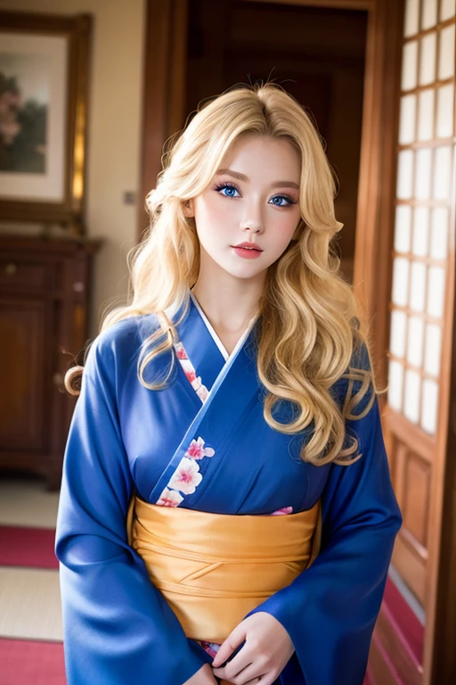 20 yrs old, 1.3, young lady, curly hair, long blonde hair, 1.1, bust, mansion, beautiful woman, kimono, blue eyes.