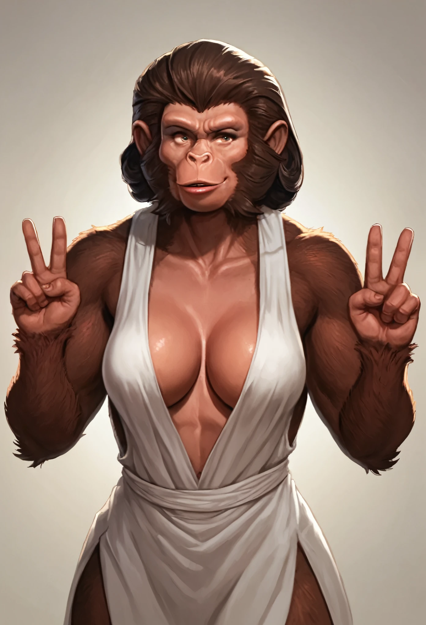 score_9, score_8_up, score_7_up, masterpiece, best quality, expressive eyes, perfect face, Dr_Zira, 1girl, solo, female, anthro, ape, chimp, anthro chimp, curvy, voluptuous, dress, side slit, absolute cleavage, v-cut, looking at viewer, dynamic pose, cowboy shot, contrapposto, pin-up pose, sexy pose, seductive, lipstick, backlit, dynamic angle, provocative