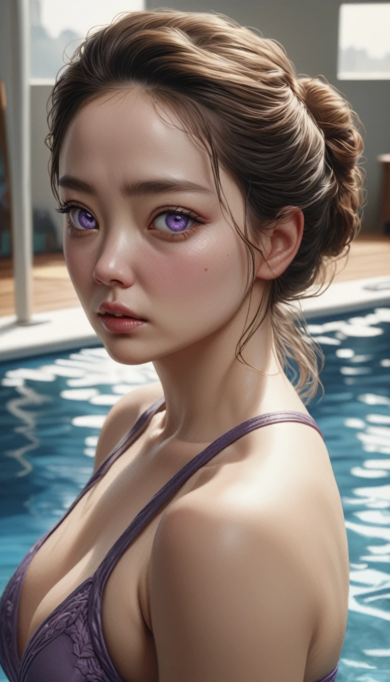 a young beautiful woman in a purple bikini, looking at the camera, by a pool, 30 years old, korean beauty, detailed facial features, (high resolution eyes:1.2), (high resolution face:1.2), (best quality,4k,8k,highres,masterpiece:1.2),ultra-detailed,(realistic,photorealistic,photo-realistic:1.37),HDR,UHD,studio lighting,ultra-fine painting,sharp focus,physically-based rendering,extreme detail description,professional,vivid colors,bokeh