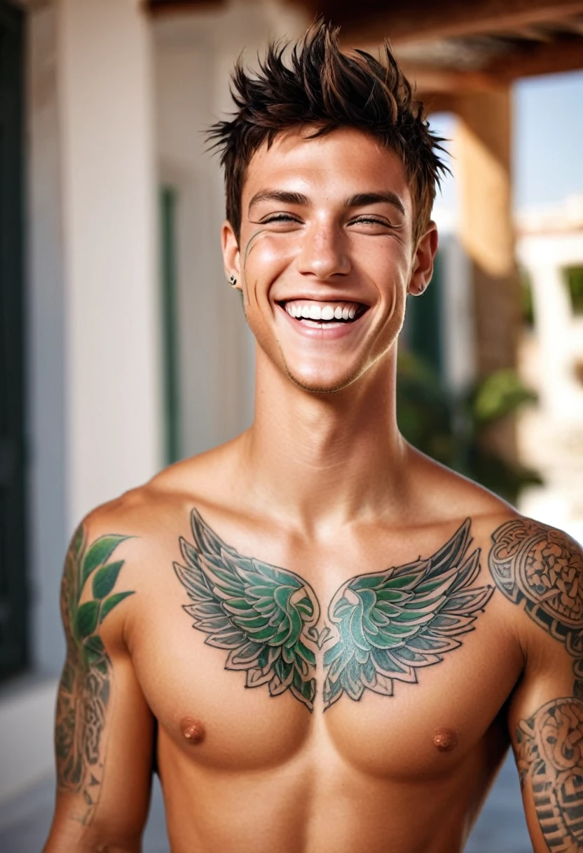 greek god, short cut hair, greeneyes, contagious and beautiful smile, Full mouth, bare chest and tattoo on the right shoulder 