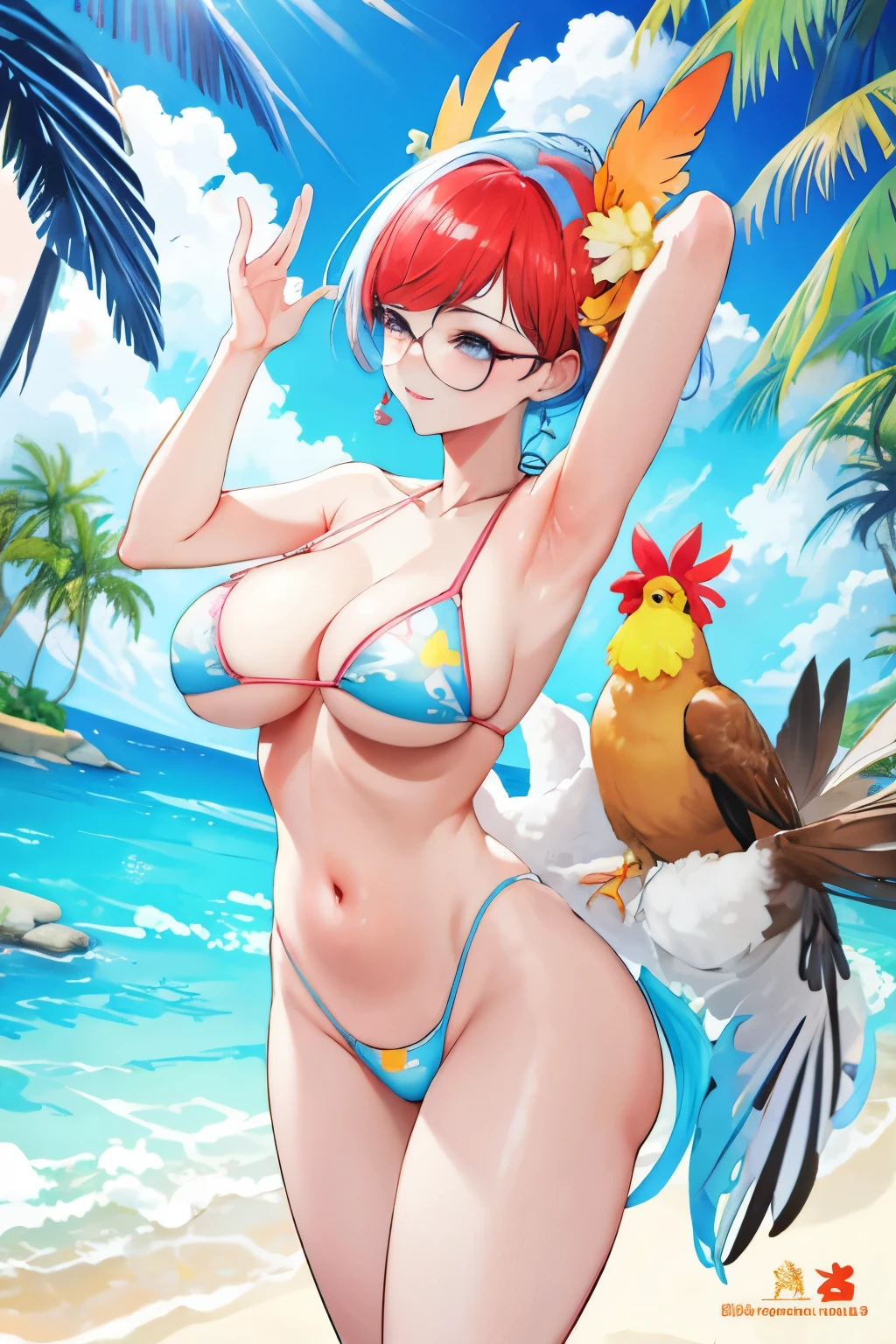 Chicken in a Bikini (Fantasy Image), surreal masterpiece, best quality at its finest, digital art, chicken wearing a miniature bikini, close-up focus on the chicken's face, vivid colors, detailed feathers, playful and humorous scene, tropical background with palm trees, bright colors, lens flare effect, shadow play, high-definition rendering, exaggerated proportions, artistic license taken, masterpiece quality, vibrant and captivating illustration.