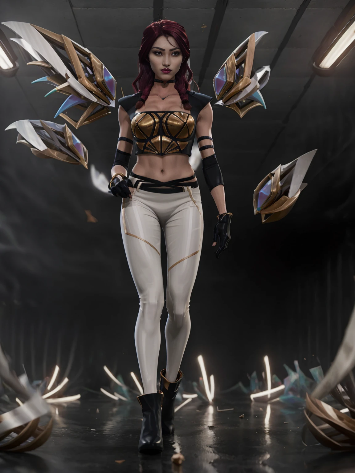 ((Full body photo, standing, feet on the floor)) AKali KGIVES prestige, facing the camera, 1 girl, alone, long hair, looking at the viewer, jeweler, medium breasts, red hair, necklace, hair over a eyes, lips, makeup, white hat, chest, epic light, top cut, fur trim, jacket, theater, standing, white gloves, white pants, tight pantsGIVESs, K/GIVES (League of Legends), Off The Shoulder , lips parted, hipdertailed,
