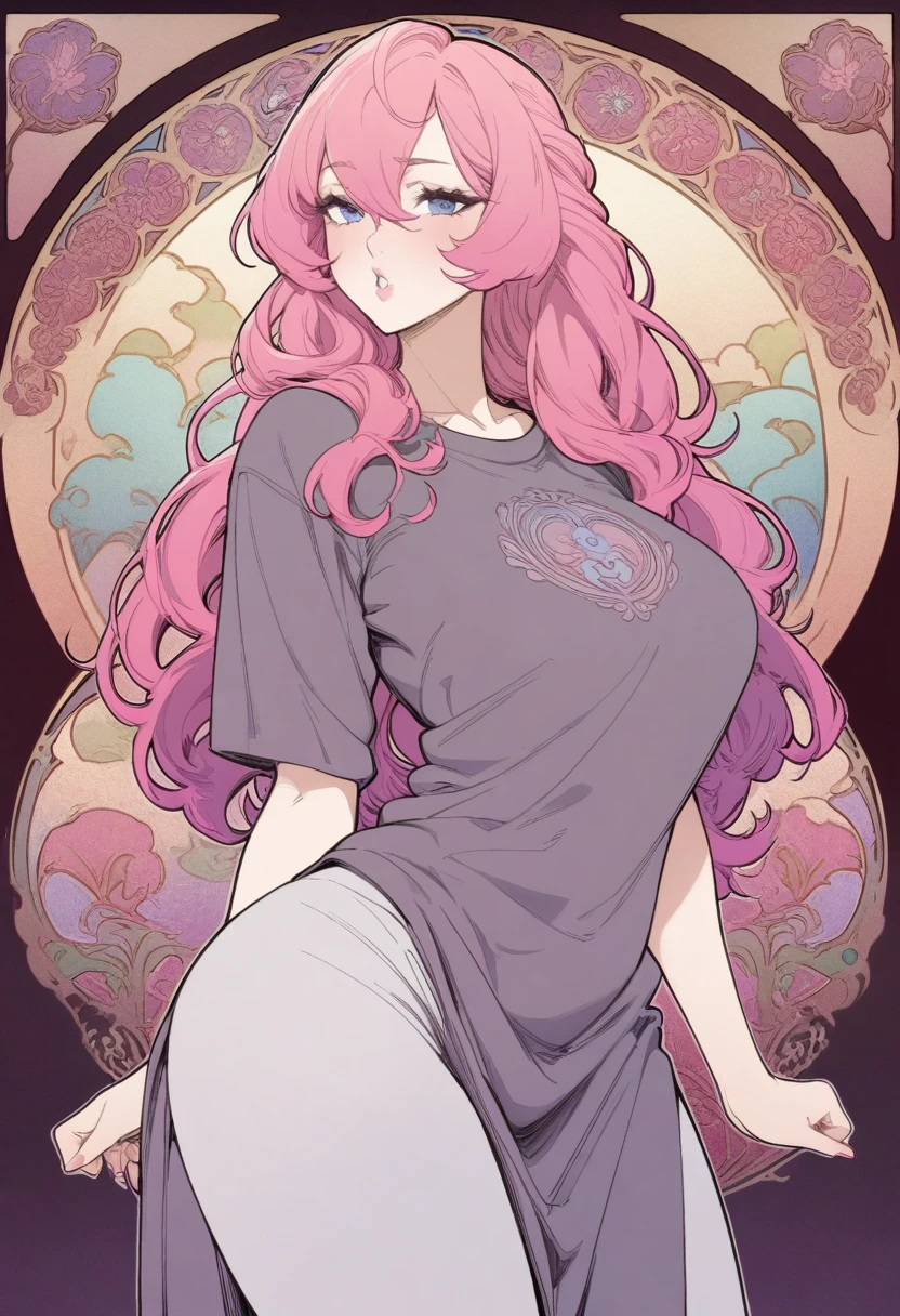masterpiece, best quality, very aesthetic, absurdres, 1girl, mature_lady,,puckered lips,Hot pink hairhair between eyes / pointy hair / long bangs,T-Shirt: Classic and versatile, available in various colors, prints, and sleeve lengths.,Art Nouveau,blur background,background defocus