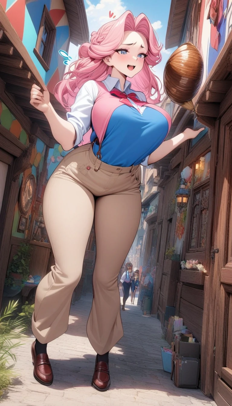 masterpiece, best quality, very aesthetic, absurdres, 1girl, mature_lady, full body, ,flying sweatdrops,Neon pink hairahoge,American Preppy Uniform: Often includes a polo shirt, khakis, and sometimes a sweater.,Russian Revival - Inspired by traditional Russian architecture with onion domes and colorful facades.,floating_clothes