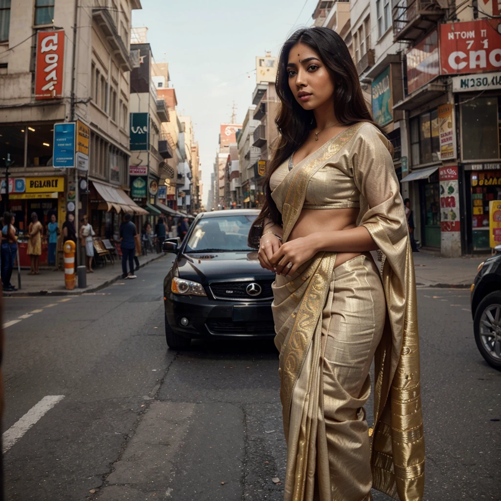 detailed Indian woman wearing a vibrant dress, big , looking like Munmun Dutta, standing in a busy urban street, looking at the camera, beautiful detailed eyes, beautiful detailed lips, extremely detailed face, long eyelashes, cinematic lighting, intricate patterns on the saree, street vendors and people in the background, warm color tones, muted tones, photorealistic, 8k, ultra-detailed, masterpiece
