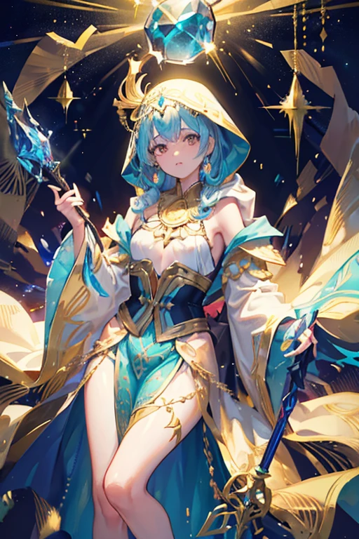 Hooded Cloak: The costume features a hood, adding an air of mystery and elegance. The hood is intricately decorated with gold filigree. Intricate Embroidery: The robe is adorned with gold and turquoise embroidery that highlights the waist, shoulders, and chest areas. These designs give the costume a regal and magical appearance. Flowing Sleeves: The sleeves are wide and bell-shaped, contributing to the ethereal look. They are embellished with the same gold and turquoise patterns as the rest of the outfit. Jewels and Gems: The costume is accented with glowing blue gems that are strategically placed on the chest, waist, and along the sleeves, giving the appearance of magical enhancements. Light and Shimmer: The fabric of the robe appears to be lightweight and shimmery, suggesting a magical or otherworldly material. Accessorized with a Scepter: The character holds a scepter-like object that matches the design of the outfit, further emphasizing the magical theme, full body.