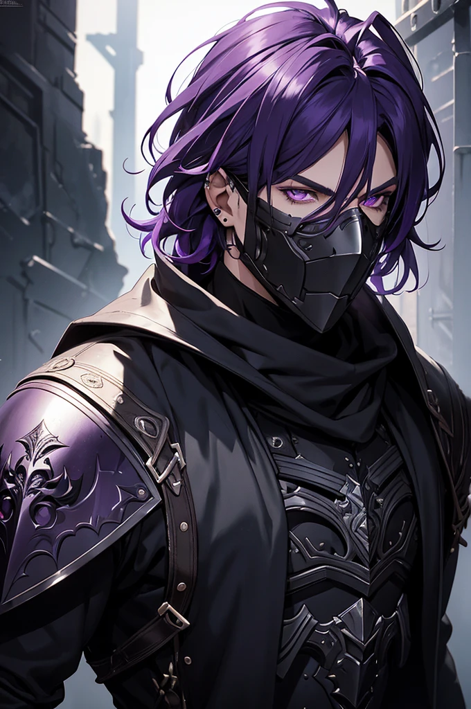 a man with medium purple hair, mask covering his entire face, detailed face, piercing purple eyes, sharp features, black clothing, dark leather armor, dark fantasy, moody lighting, dramatic shadows, cinematic composition, high quality, intricate details , photorealistic