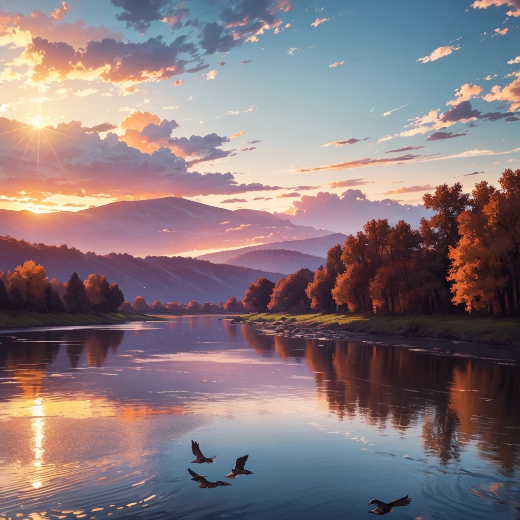 The sunset flies with the lonely geese in the distance, and the autumnal river water and the wide sky are connected, symbol