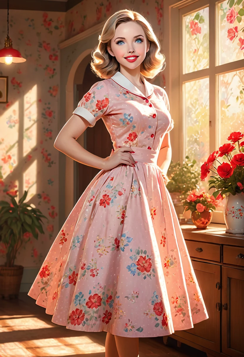 50s house wife. full length. featuring warm lighting and shadows. should be of the highest quality, a masterpiece with intricate details. Hands on hips. cute 50s house wife dress. Red high heels. She should have luscious lips, a wide smile, and bright, expressive eyes, exuding beauty, cuteness, and adorableness. Ensure the image is high resolution and sharply detailed, with a detailed and vibrant background. Scarlett Johanson, Alison Brie, Dove Cameron Incorporate mystical lighting in the background, creating a romantic and enchanting atmosphere.