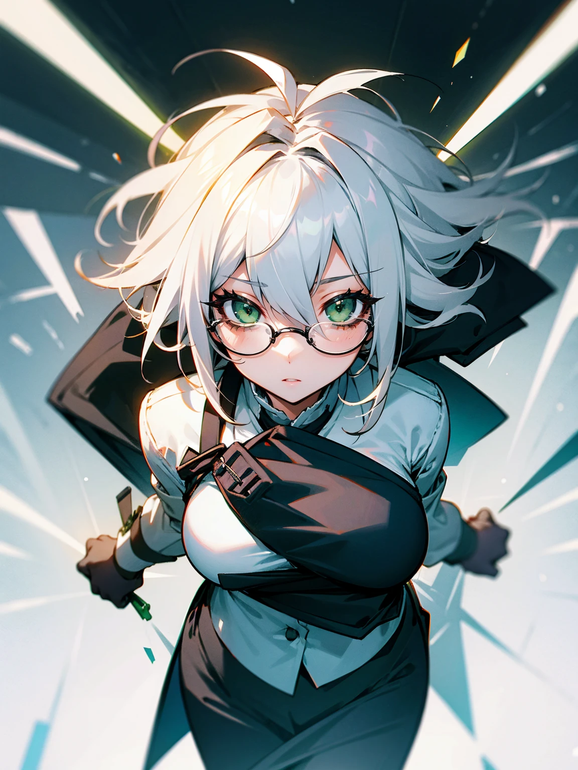1female, white hair, messy hair, glasses, green eyes, assistant outfit, office