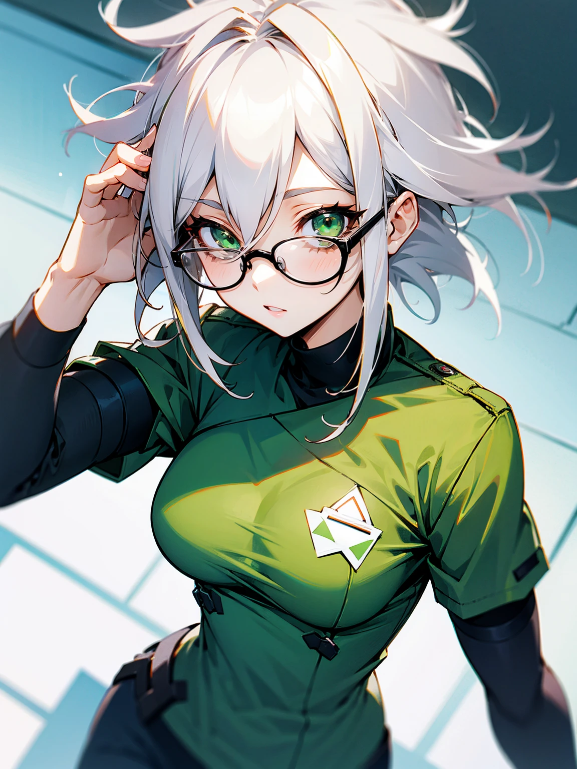 1female, white hair, messy hair, glasses, green eyes, assistant outfit, office