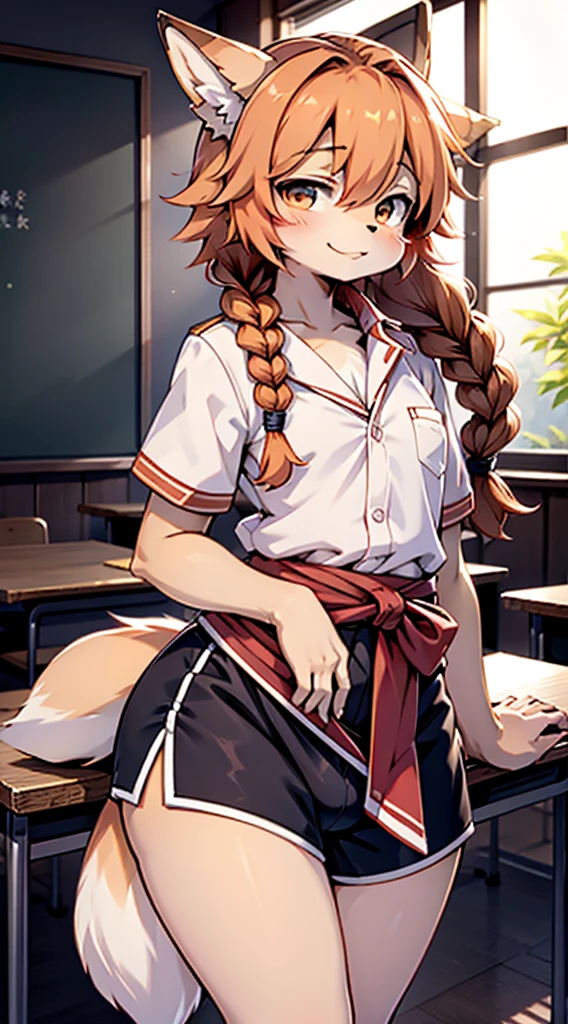 Japanese style high school shirt，cute男孩子，furry，furry，hairy，furry，hairy，furry，Body hair，Hair covers the whole body，Gentle smile，shota，Anthropomorphic Fox，Fox Girl，小braid，braid，Youthful feeling，Close-up above the waist，Hip bulge，Bulge between the thighs，Hip bulge，cute，Orange hair，Orange hair all over body，全身Orange hair，Japanese school uniform shirt，shorts，shorts，Big butt，Petite figure，Thin waist，Slim figure，Classroom Background，Indoor background，Campus style，individual，individual，individual，Q version style，American anime style，femboy，femboy，Oval face