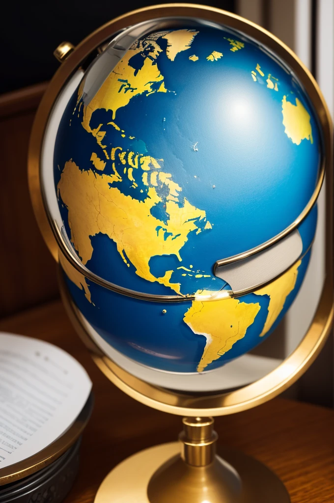 A stylized magnifying glass with a globe reflected in the magnifying glass lens. The globe is detailed enough to show continents and oceans in a simplified way. Around the magnifying glass, has small icons or silhouettes of different curious objects, like an open book, a telescope, uma ampulheta, an atom, among others. Colors are vibrant and cheerful to attract attention, como azul, Unripe, orange and yellow.