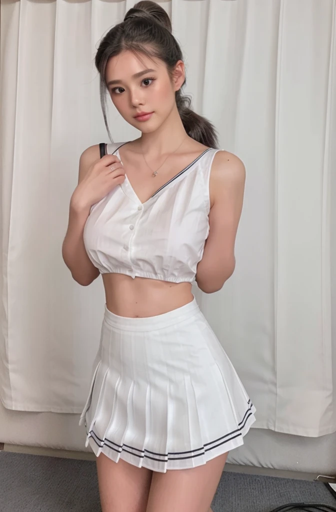 ((Masterpiece)), Hi-end quality, 8K, 16, (((highest resolution))), ((The best quality of work)), (gray ponytail:1.4) ((Sleeping backdrop:1.4)) (remote image), ((Whole body image:1.4)), (Wear a very short pleated skirt.:1.3), ((big breasts)), (((Huge breasts 1.3))), white panties, Revealing a plump pussy with a beautiful slit in the middle., (Backless singlet:1.4) 35 mm., F/2.8 ((focus image, Aperture)), ((Professional lighting)), detailsอย่างบ้าคลั่งและซับซ้อน, full body, beautiful standing posture, elegant, Has a solemn appearance, taciturn, beautiful, Exotic, reveal, charming, charming, voluptuous, passion, Passion, problem, enthusiastic, big breasts, Very realistic, มีdetailsมาก, (สาวที่charmingที่มีproblem), show a seductive facial expression, (big breasts, very beautiful, beautiful nature), (sharpness:1.3)(details:1.3) (remote imageทั้งหมด:1.4)