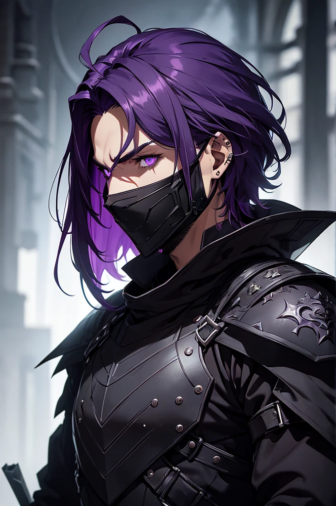 a man with medium purple hair, mask covering his entire face, detailed face, piercing purple eyes, sharp features, black clothing, dark armor, dark fantasy, moody lighting, dramatic shadows, cinematic composition, high quality, intricate details, photorealistic
