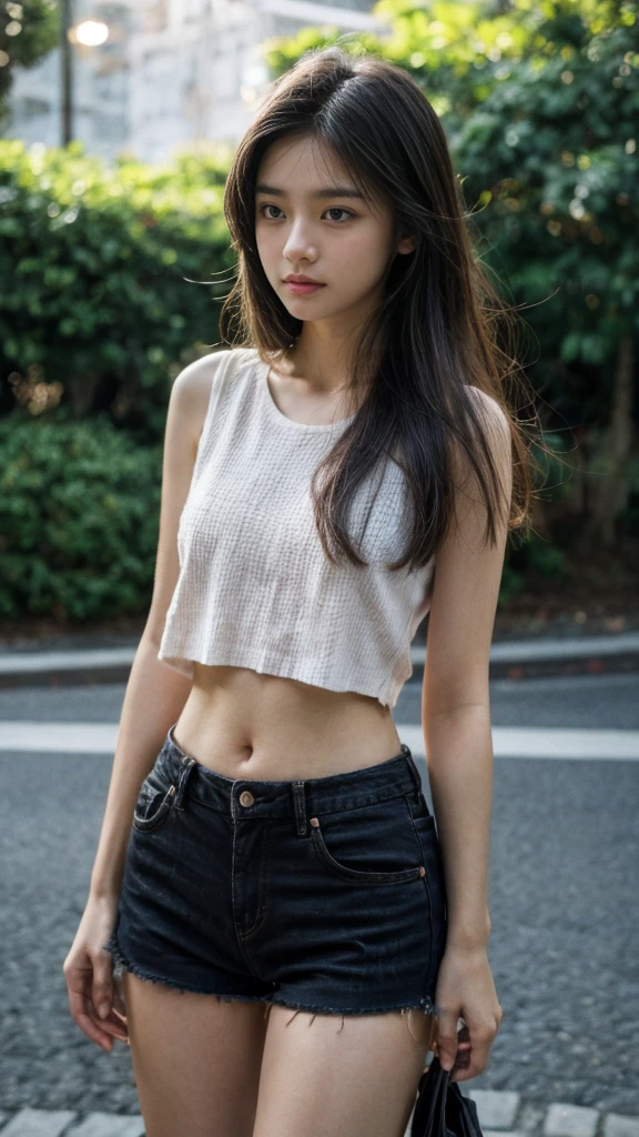 1girl, solo, long hair, looking at viewer, shirt, black hair, standing, outdoors, sky, shorts, day, midriff, short shorts, cameltoe, realistic, high detail, modern, cinematic lighting, motion blur, blurry, film grain, bokeh, f/16, Fujifilm, masterpiece, textured skin, super detail, 8k