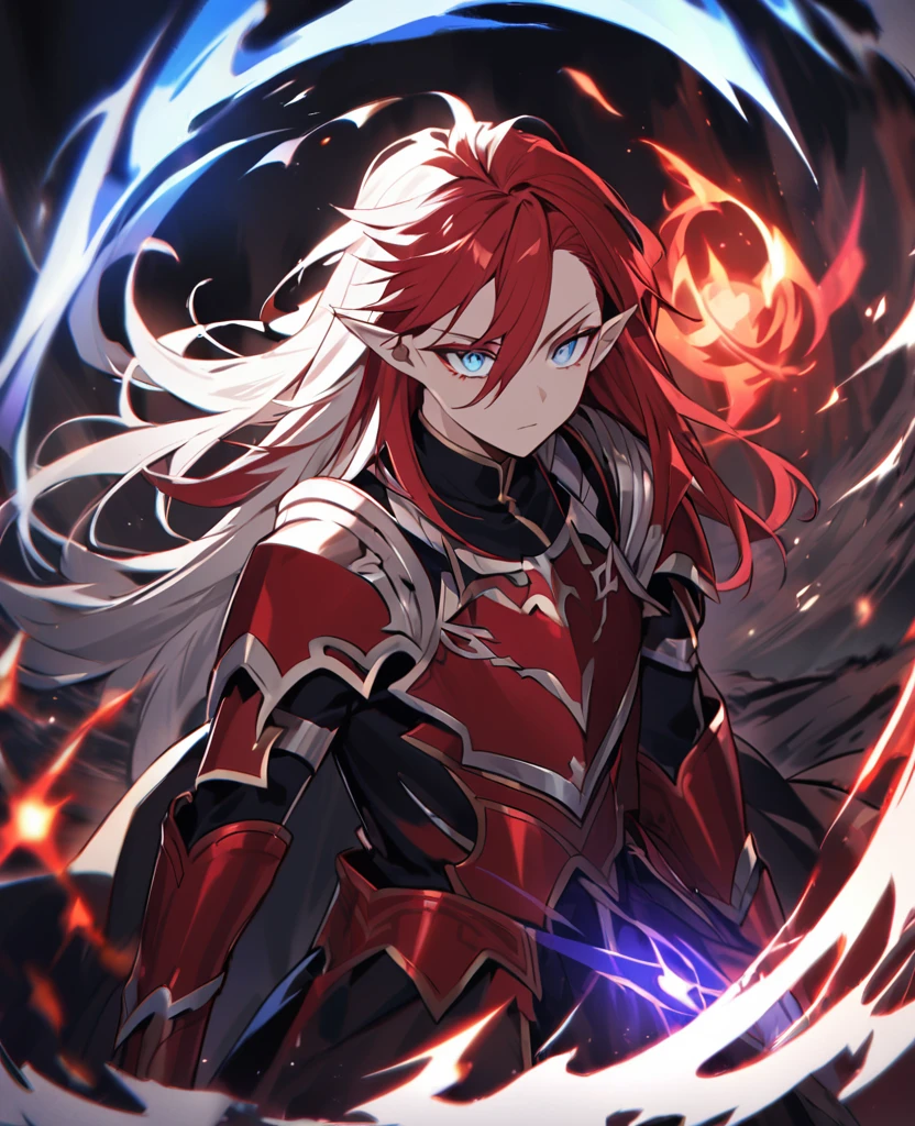 Male,5'4,pierced pointy ears,light skin,red and blue (hetrocromia) eyes, white long hair with red highlights half up half down,red and white armour ,dark magic,on a battlefield with darkness in his eyes as a dark magic aura surrounds him