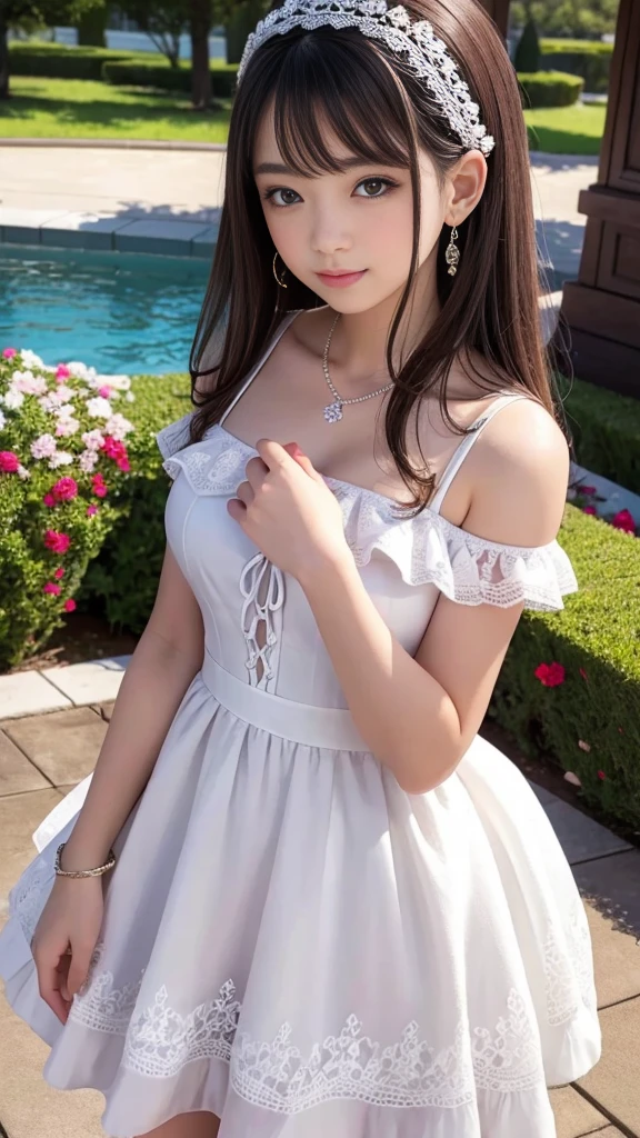 ((masterpiece)), ((highest quality、Ultra high definition)), (Very detailed),8K、Photo quality、((Amazingly cute girl)),((())), Two people, , (Beautiful emerald blue eyes), ((smile)),In the open-air bath overlooking the sea, Beautifully arranged black hair in twin tails、whole body、Cute lolita maid stylimsuit))、Professional Lighting、(White lace knee-highore detailed and beautiful)、(More details and cutenesore realistic)、(((Just wear light clothing)))、プールではしゃぐ、