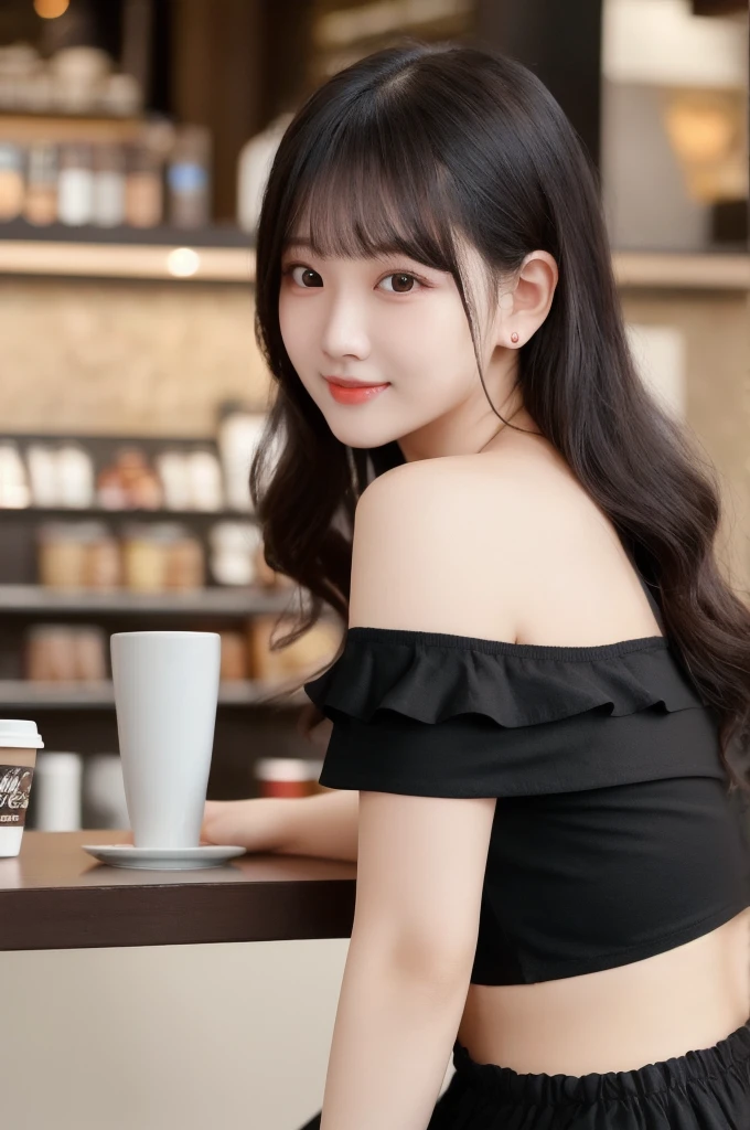 masterpiece: 1.3), (8K, Photorealistic, Raw photography, Best image quality: 1.4), Chubby Chinese girl, 19 years old, (Random hairstyle: 1.2), full body Super Detailed skin Detailed, sharp focus 1.3 beautiful woman : 1.4 light black hair top quality masterpiece、超 High resolution (Photorealistic: 1.4), Slight smile, watch, very detailed and professional lighting Casual off-shoulders Out-shoulders, and black mini skirt, Serious facial expression, Sitting on the coffee shop terr