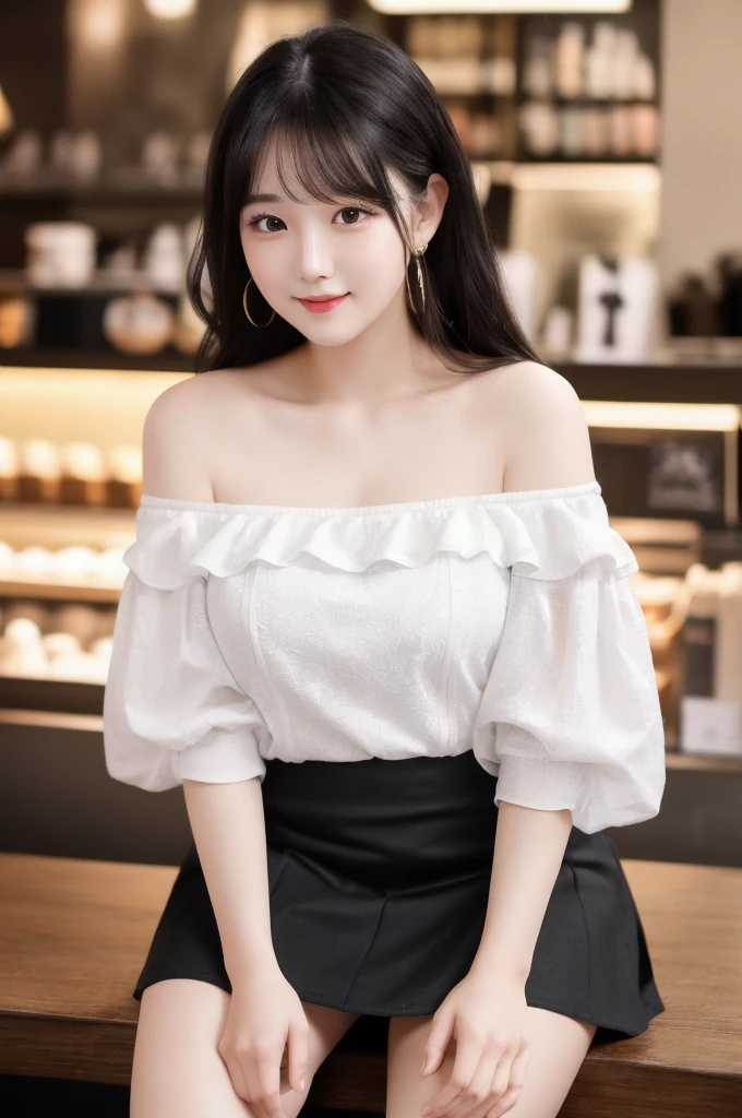 masterpiece: 1.3), (8K, Photorealistic, Raw photography, Best image quality: 1.4), Chubby Chinese girl, 19 years old, (Random hairstyle: 1.2), full body Super Detailed skin Detailed, sharp focus 1.3 beautiful woman : 1.4 light black hair top quality masterpiece、超 High resolution (Photorealistic: 1.4), Slight smile, watch, very detailed and professional lighting Casual off-shoulders Out-shoulders, and black mini skirt, Serious facial expression, Sitting on the coffee shop terr