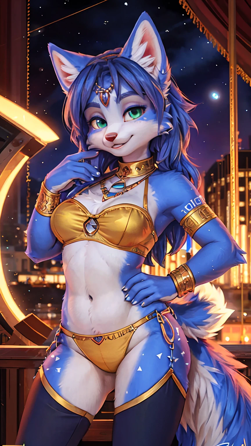 A beautiful and detailed (sweet portrait) wa ((Krystal)), Star Fox Krystal, sslim, lovable, green eyes, medium breasts, (((Long blue hair 1.3))), Decollete, anthro, furry, Uploaded E621, detailed fluffy fur, (wa Fluff-Kevlar, Bayard Wu, Personalami, Pino Daeni), detailed face, (fluffy), 1 girl, alone, sweet girl, hair cover one eye:1.4, standing hoch straight, big happy smile, giving you a thumbs hoch, other hand on hip, c choch sized chest, wears a magician&#39;s robe