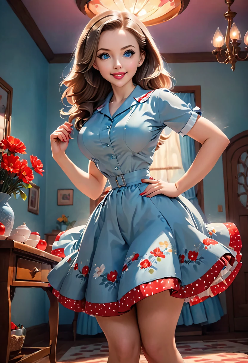 50s house wife. full length. featuring warm lighting and shadows. should be of the highest quality, a masterpiece with intricate details. Hands on hips. cute 50s house wife dress. Red high heels. She should have luscious lips, a wide smile, and bright, expressive eyes, exuding beauty, cuteness, and adorableness. Ensure the image is high resolution and sharply detailed, with a detailed and vibrant background. Scarlett Johanson, Alison Brie, Dove Cameron Incorporate mystical lighting in the background, creating a romantic and enchanting atmosphere.