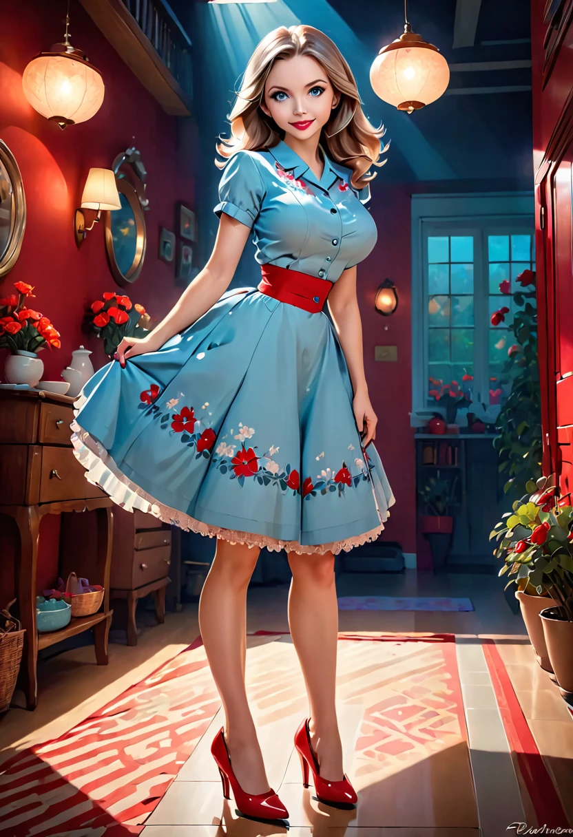50s house wife. full length. featuring warm lighting and shadows. should be of the highest quality, a masterpiece with intricate details. Hands on hips. cute 50s house wife dress. Red high heels. She should have luscious lips, a wide smile, and bright, expressive eyes, exuding beauty, cuteness, and adorableness. Ensure the image is high resolution and sharply detailed, with a detailed and vibrant background. Scarlett Johanson, Alison Brie, Dove Cameron Incorporate mystical lighting in the background, creating a romantic and enchanting atmosphere.