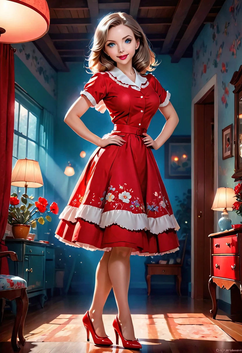 50s house wife. full length. featuring warm lighting and shadows. should be of the highest quality, a masterpiece with intricate details. Hands on hips. cute 50s house wife dress. Red high heels. She should have luscious lips, a wide smile, and bright, expressive eyes, exuding beauty, cuteness, and adorableness. Ensure the image is high resolution and sharply detailed, with a detailed and vibrant background. Scarlett Johanson, Alison Brie, Dove Cameron Incorporate mystical lighting in the background, creating a romantic and enchanting atmosphere.