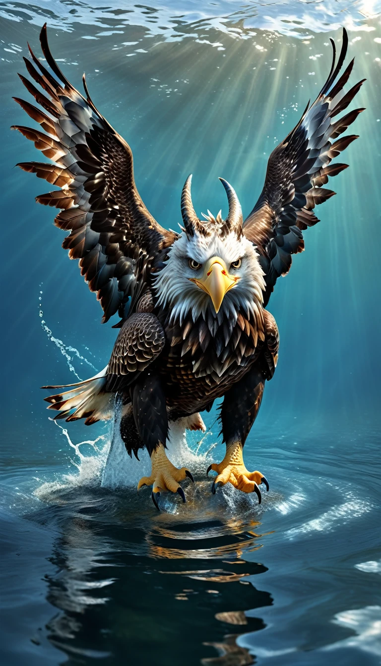 Panorama,There is a beast in the water,Looks like an eagle,The head has double horns(best quality,4K,8K,High level,masterpiece:1.2),Ultra Detailed,(lifelike,Photo real,Photo real:1.37),Highly detailed animals,Complex patterns,Realistic lighting,Fantasy Creatures