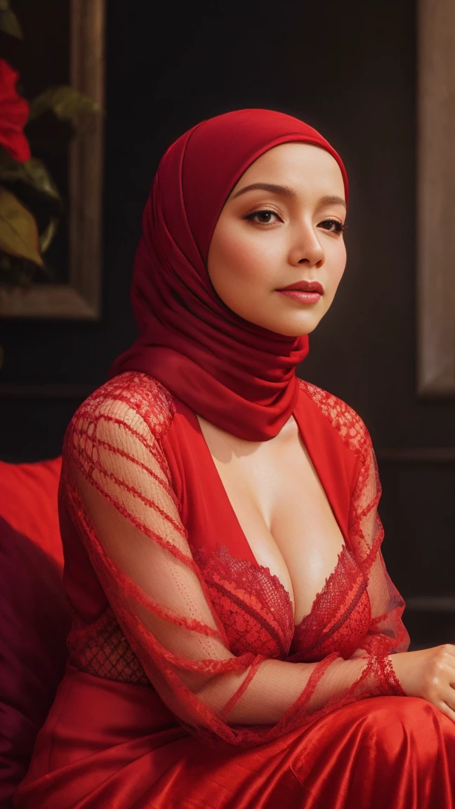 close-up portrait of a beautiful woman in hijab sitting on pillow, wearing red net sexy dress, heavy big breast, showing large cleavage, reeds, (backlight), realistic, masterpiece, high quality, lens reflection, shadow, flower, [[chromatic aberration]], by Jeremy Lipking, by Antonio J. Manzanedo, digital painting,