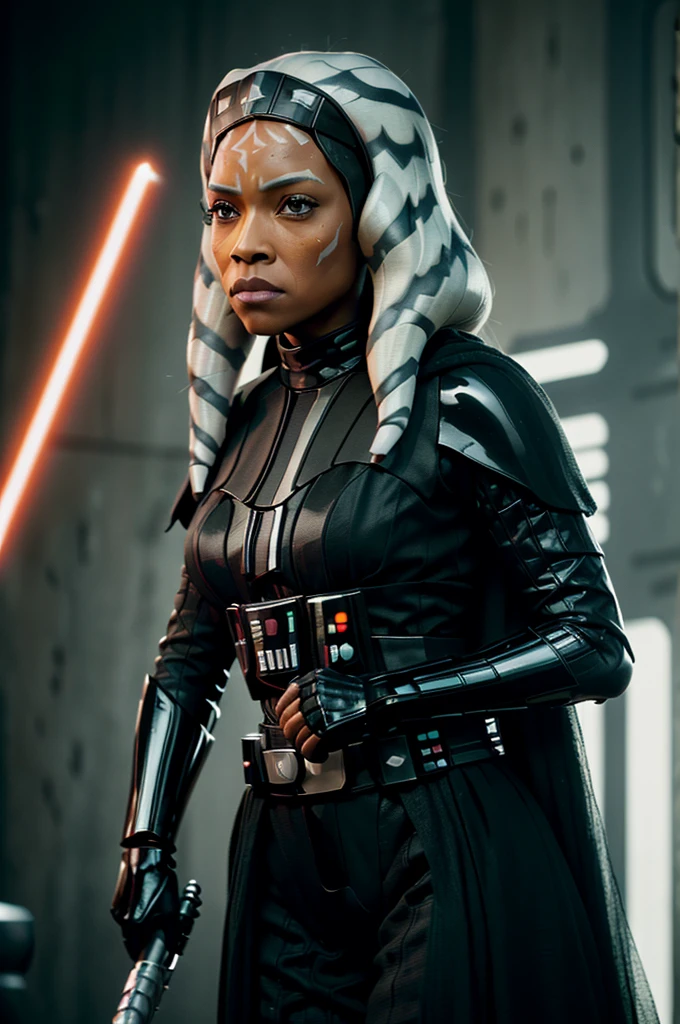((ahsokatano as Darth Vader in Starwars, Starwars movie scene, holding red color lightsaber, wearing sexy darth vader armor, walking, Stormtrooper escort behind)), (((show face, serious facial expression))), (dynamic pose), (exposed medium natural breast, nippin, cleavage), (hyper realistic:1.4), (realistic:1.3), (best quality real texture skin), full body, (Cinematic Light), highly detailed skin, skin pores, (highly detailed face:1.1), (highly detailed eyes:1.1), realistic pupils, (perfect anatomy:1.1), (perfect proportions:1.1), (photography:1.1), (photorealistic:1.1), volumetric lighting, dynamic lighting, real shadows, (highres:1.1), sharp focus, daylight, (realistic, hyperrealistic:1.4), intricate, high detail, dramatic, subsurface scattering, big depth of field, vivid, polished, sharpened, ((full Sharp)), (extremely absurdres),8k hdr,
