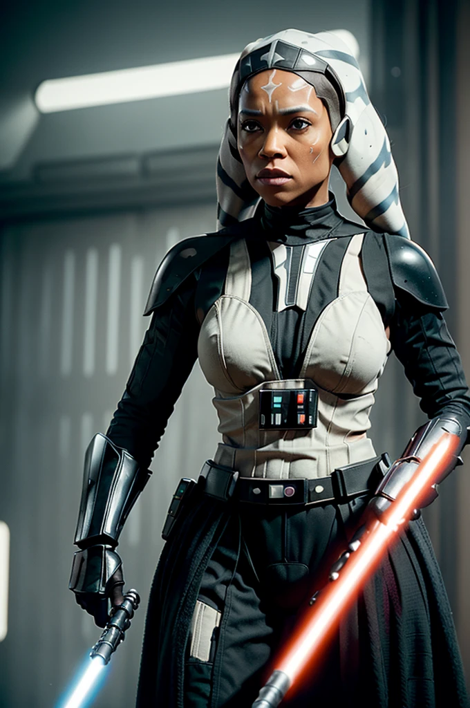 ((ahsokatano as Darth Vader in Starwars, Starwars movie scene, holding red color lightsaber, wearing sexy darth vader armor, walking, Stormtrooper escort behind)), (((show face, serious facial expression))), (dynamic pose), (exposed medium natural breast, nippin, cleavage), (hyper realistic:1.4), (realistic:1.3), (best quality real texture skin), full body, (Cinematic Light), highly detailed skin, skin pores, (highly detailed face:1.1), (highly detailed eyes:1.1), realistic pupils, (perfect anatomy:1.1), (perfect proportions:1.1), (photography:1.1), (photorealistic:1.1), volumetric lighting, dynamic lighting, real shadows, (highres:1.1), sharp focus, daylight, (realistic, hyperrealistic:1.4), intricate, high detail, dramatic, subsurface scattering, big depth of field, vivid, polished, sharpened, ((full Sharp)), (extremely absurdres),8k hdr,