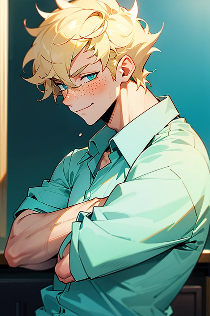 1 male, tall, blonde spiky curly short hair, cyan eyes, freckles, normal amount of muscles, cute smile, blush, classroom background, white shirt, manly face