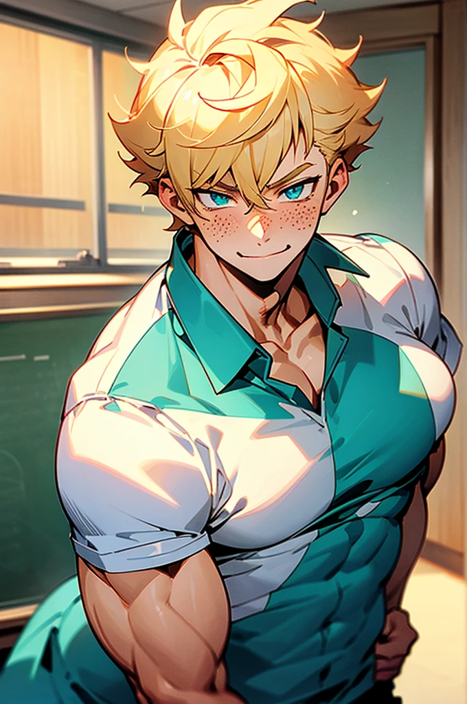 1 male, tall, blonde spiky curly short hair, cyan eyes, freckles, normal amount of muscles, cute smile, blush, classroom background, white shirt, manly face