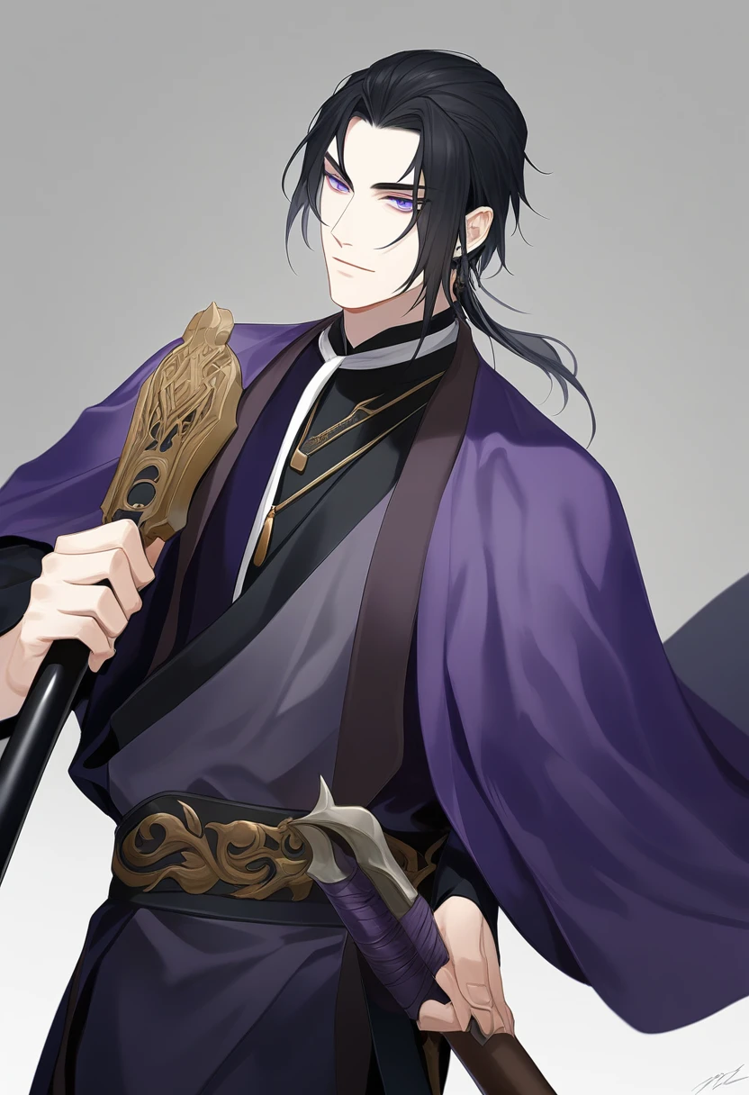 (masterpiece, best quality:1.2), 1male, solo, jiang cheng, mo dao zu shi, mdzs, purple and black clothes, purple eyes, long black hair, perfect anatomy