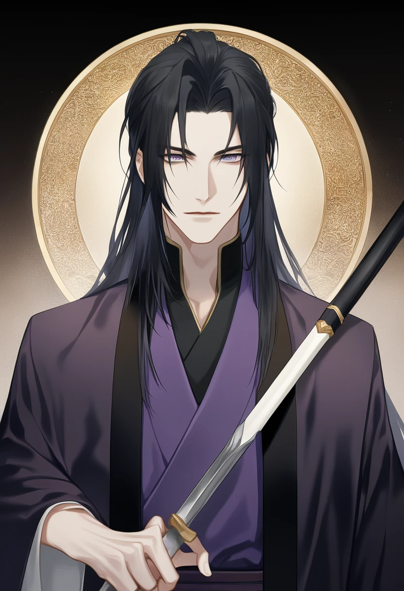 (masterpiece, best quality:1.2), 1male, solo, jiang cheng, mo dao zu shi, mdzs, purple and black clothes, purple eyes, long black hair, perfect anatomy