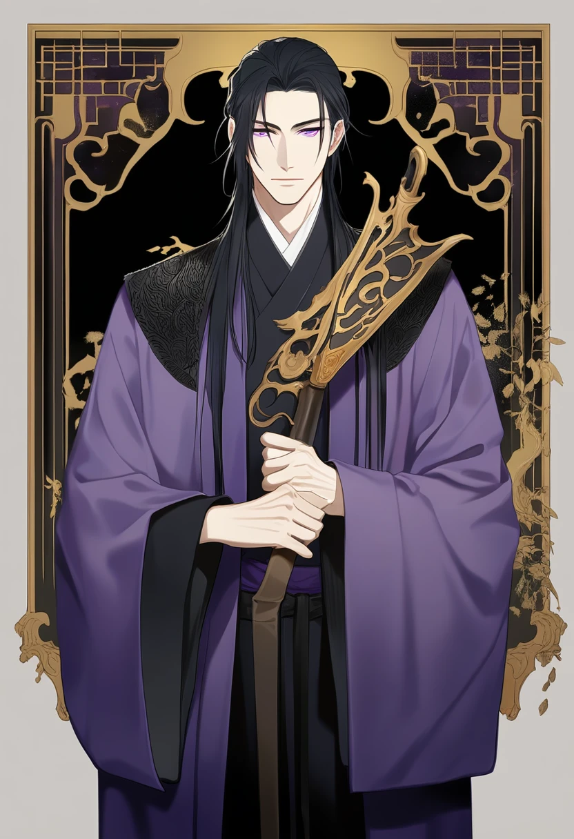 (masterpiece, best quality:1.2), 1male, solo, jiang cheng, mo dao zu shi, mdzs, purple and black clothes, purple eyes, long black hair, perfect anatomy