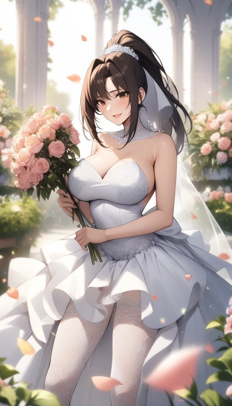 masterpiece, best quality, very aesthetic, absurdres, 1girl, mature_lady, wedding_dress,White lace miniskirt wedding dress, Holding flowers, White lace stockings, wedding hood, ,shiranui_mai(Fatal Fury), shiranui_mai, black_hair, long_hair, high_ponytail, brown_eyes,,surrounding by flowers,falling_petals, outdoors, petals,,,blur background,background defocus,