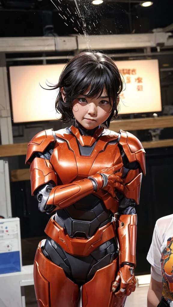 Rough skin, Very detailed, Advanced Details, high quality, 最high quality, High resolution, 1080P, hard disk, beautiful,(War Machine),beautifulサイボーグの女性,Red Mecha Cyborg Girl,Fight,Girl with a mechanical body,、Junior high school girl　Very short hair、Sweaty brown eyes、Sweaty face、Expressions of unfair treatment　cute　Black Hair(Steam coming out of the body)　((Steam coming out of my head)) (((Steam coming out of the whole body))) Glasses　Squat　Spread your legs Spread your legs　(Shyness)