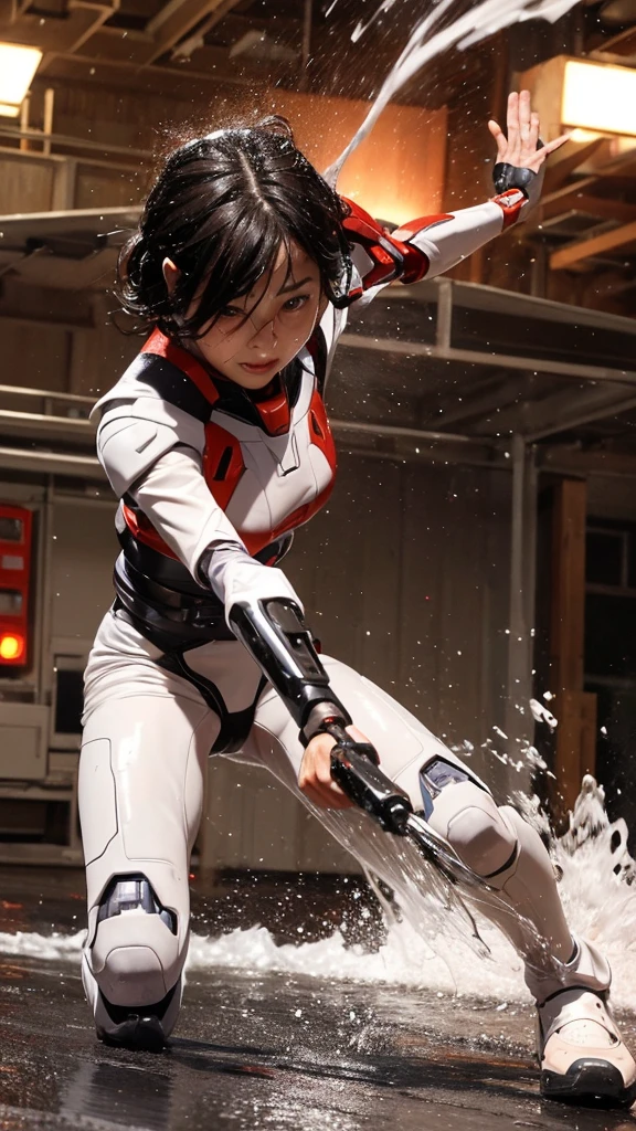 Rough skin, Very detailed, Advanced Details, high quality, 最high quality, High resolution, 1080P, hard disk, beautiful,(War Machine),beautifulサイボーグの女性,Red Mecha Cyborg Girl,Fight,Girl with a mechanical body,、Junior high school girl　Very short hair、Sweaty brown eyes、Sweaty face、Expressions of unfair treatment　cute　Black Hair(Steam coming out of the body)　((Steam coming out of my head)) (((Steam coming out of the whole body))) Glasses　Squat　Spread your legs Spread your legs　(Shyness)